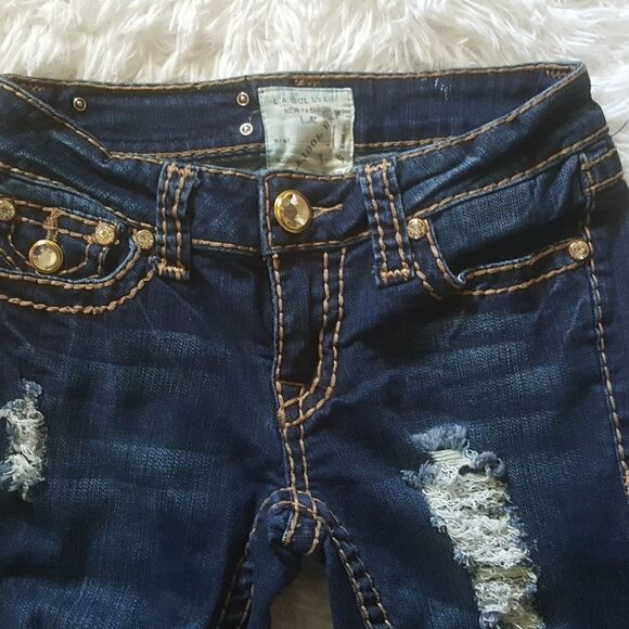 LA Idol embellished Jeweled distressed Stretchy Dark Wash Jeans Women’s Size 1 - Picture 4 of 15